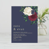 花をあしらったバーガンディ ネイビーブルー 結婚式 招待状 (スタンド正面)