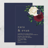 花をあしらったバーガンディ ネイビーブルー 結婚式 招待状 (正面/裏面)