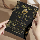 花をあしらったブラックゴールドのムスリムイスラム婚約 招待状