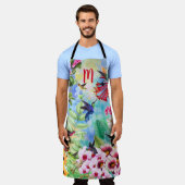 花をつけたハミング鳥のモノグラム エプロン (着用した状態)