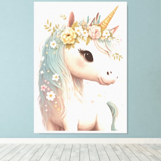 花をまとった優雅なユニコーンの水彩画 キャンバスプリント (インサイチュ (ウッドフロア))