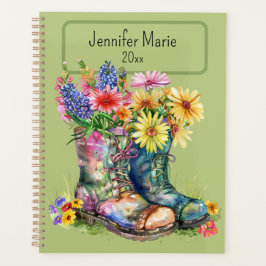 花をブーツに入れ、名前と年でパーソナライズ プランナー手帳