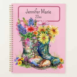 花をブーツに入れ、名前と年でパーソナライズ プランナー手帳