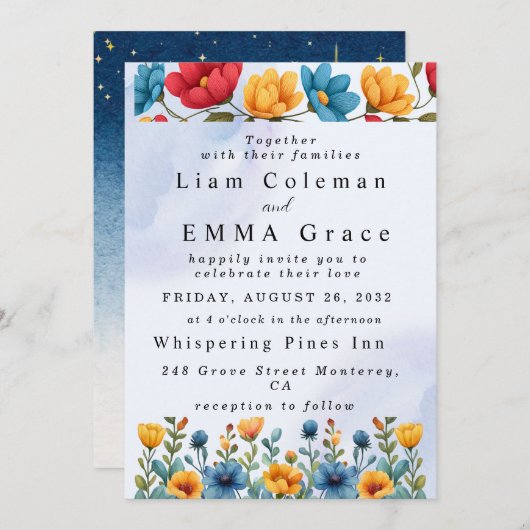 花をモチーフにしたウェディング招待状、素朴なガーデン、エレガント 招待状 (正面/裏面)