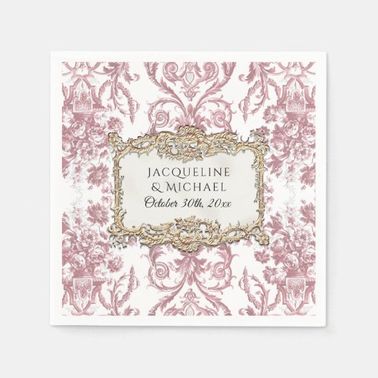 花をモチーフにしたエレガントでヴィンテージなピンクとホワイトゴールドのウェディング スタンダードカクテルナプキン (正面)