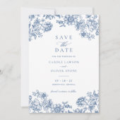 花をモチーフにしたエレガントでヴィンテージな青い結婚式の招待状 招待状 (正面)