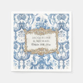 花をモチーフにしたエレガントでヴィンテージな青と白のゴールドのウェディング スタンダードカクテルナプキン (正面)