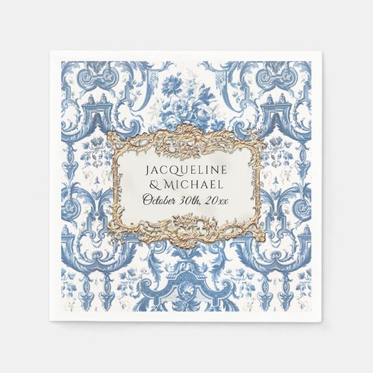 花をモチーフにしたエレガントでヴィンテージな青と白のゴールドのウェディング スタンダードカクテルナプキン (正面)