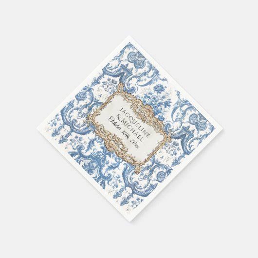 花をモチーフにしたエレガントでヴィンテージな青と白のゴールドのウェディング スタンダードカクテルナプキン (角)