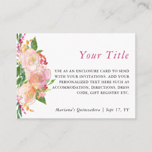 花をモチーフにしたエレガントなピンクとゴールドのカスタム封筒 エンクロージャーカード (正面)