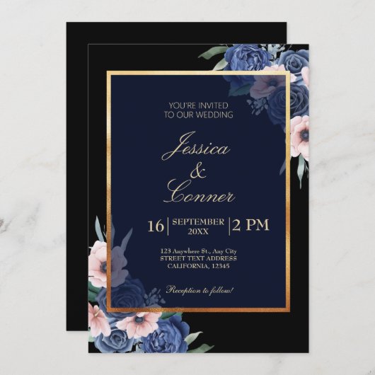 花をモチーフにしたエレガントな結婚式のゴールド 招待状 (正面/裏面)