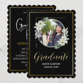 花をモチーフにしたブラック＆ホワイトの2025年卒業写真パーティー 招待状 (正面/裏面)