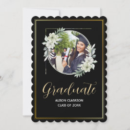 花をモチーフにしたブラック＆ホワイトの2025年卒業写真パーティー 招待状