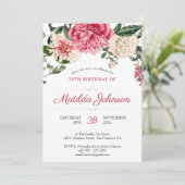 花をモチーフにした70歳の誕生日 ボタニカル おしゃれ ピンク 赤 招待状 (スタンド正面)