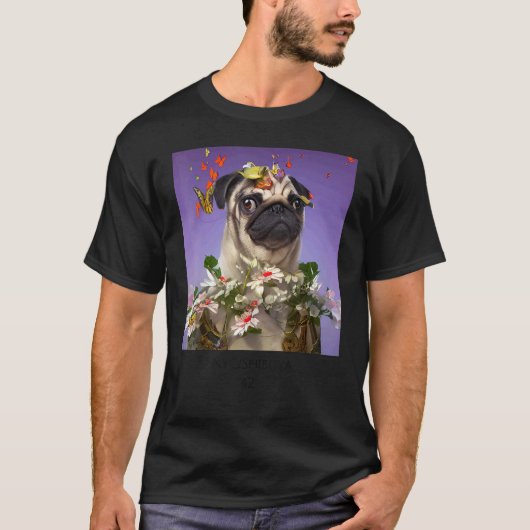 花を付けたパグ犬 Tシャツ (正面)