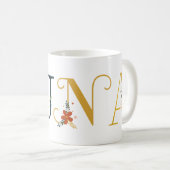 花を刺繍したLUNAネームアート コーヒーマグカップ (正面右)