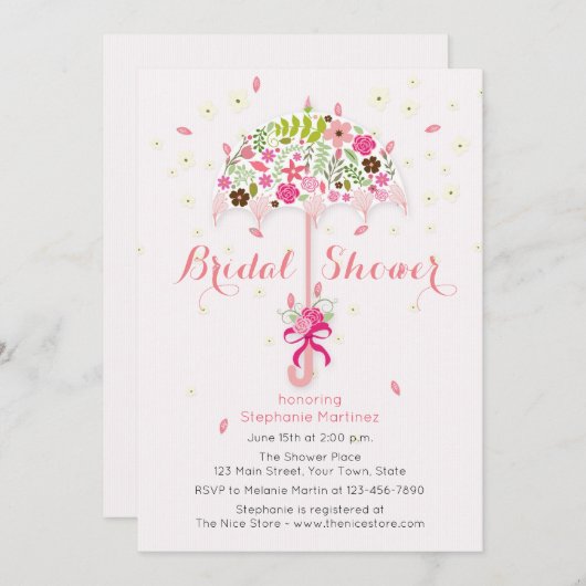 花を咲かせる傘(かさ)のブライダルシャワーの招待 招待状 (正面/裏面)