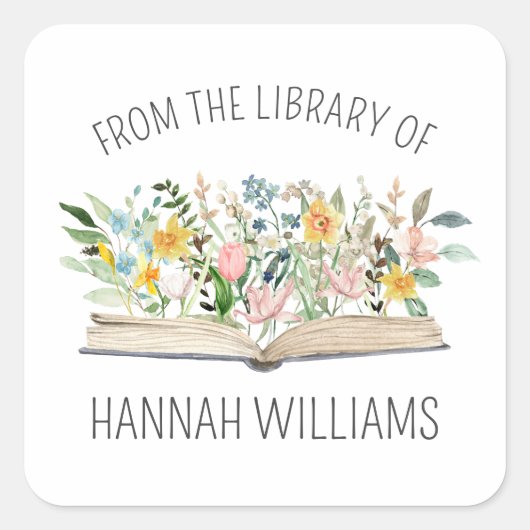 花を図書館から開く蔵書票 スクエアシール (正面)