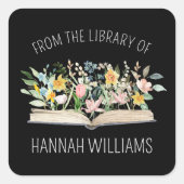 花を図書館から開く蔵書票 スクエアシール (正面)
