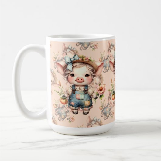 花を抱えたオーバーオールのキュートなファームコアの子豚 コーヒーマグカップ (左)