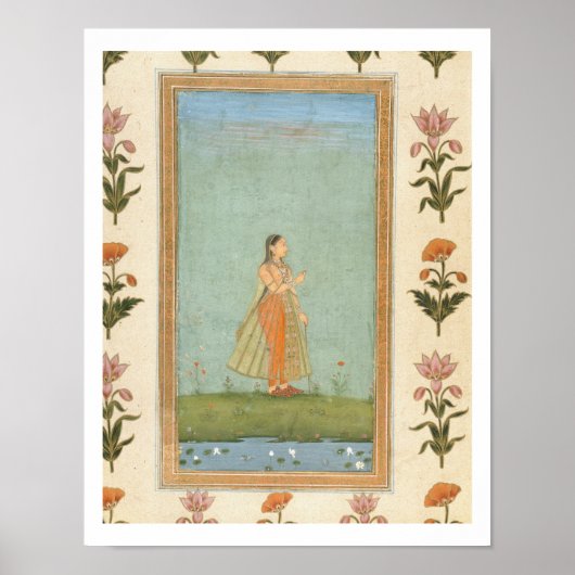 花を持ち、百合の池の横に立っている婦人のために ポスター (正面)