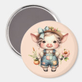 花を持ったオーバーオールを着たかわいいファームコアの豚 マグネット (正面/裏面)