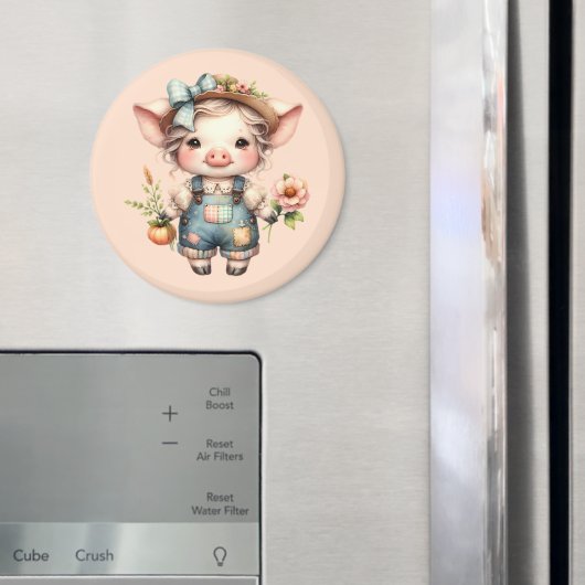 花を持ったオーバーオールを着たかわいいファームコアの豚 マグネット (インサイチュ (冷蔵庫))