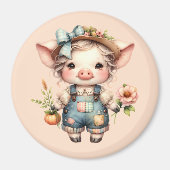 花を持ったオーバーオールを着たかわいいファームコアの豚 マグネット (正面)