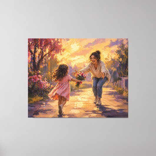 花を持って走る母と子 キャンバスアート (正面)