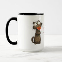 花を持つかわいいふわふわ猫のマグカップ