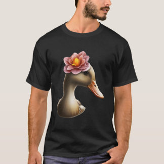 花を持つかわいいアヒル 美しいアヒル 花 Tシャツ