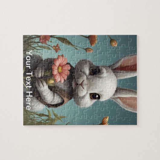 花を持つかわいいウサギ ジグソーパズル (横)