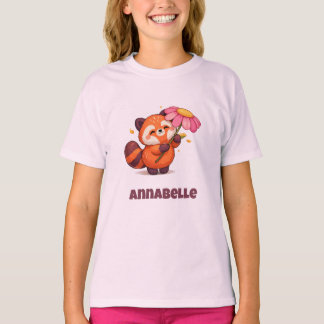 花を持つかわいいレッサーパンダ Tシャツ