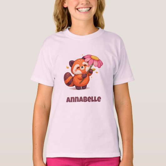花を持つかわいいレッサーパンダ Tシャツ (正面)