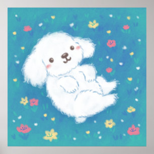 花を持つかわいい子犬 ポスター