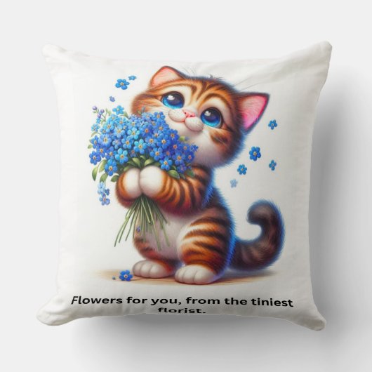 花を持つかわいい猫のスローピロー、愛らしい贈り物に クッション (正面)