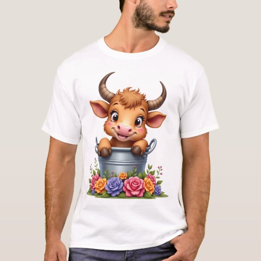花を持つかわいい赤ちゃんハイランドカウ Tシャツ (正面)