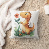 花を持つかわいい黄色の恐竜 クッション (ブランケット)