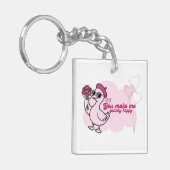 花を持つアヒル – 「You Make Me Quacky Happy」 キーホルダー (正面左)