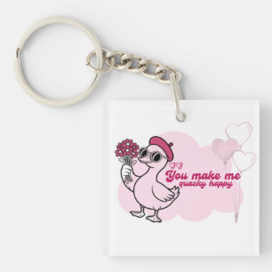 花を持つアヒル – 「You Make Me Quacky Happy」 キーホルダー