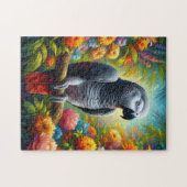 花を持つアフリカの灰色のカラフルオウム ジグソーパズル (横)