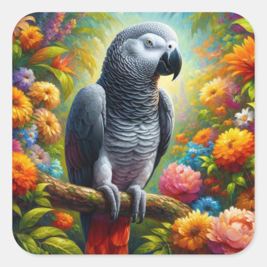 花を持つアフリカの灰色のカラフルオウム スクエアシール (正面)