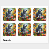 花を持つアフリカの灰色のカラフルオウム スクエアシール (シート)