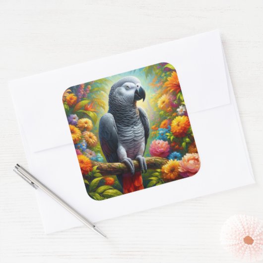 花を持つアフリカの灰色のカラフルオウム スクエアシール (封筒)