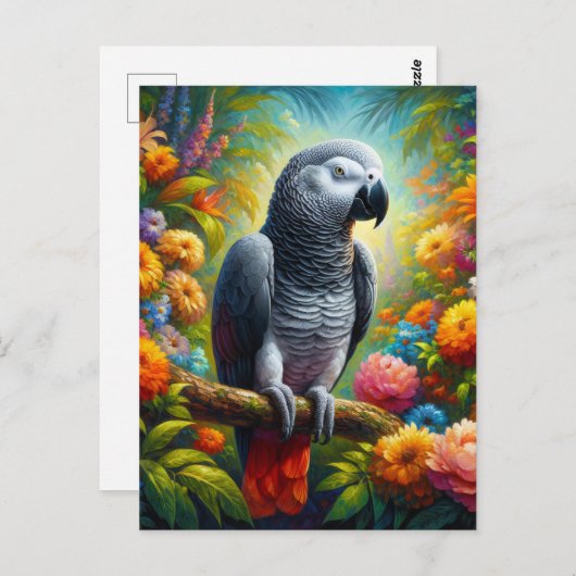 花を持つアフリカの灰色のカラフルオウム ポストカード (正面/裏面)