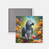 花を持つアフリカの灰色のカラフルオウム マグネット (正面/裏面)