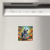 花を持つアフリカの灰色のカラフルオウム マグネット (インサイチュ (食洗機))