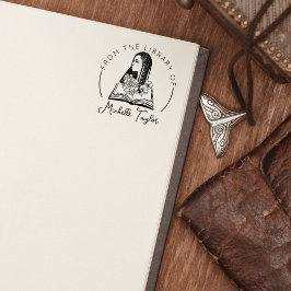 花を持つアフロの女性、図書館から本 ラバースタンプ