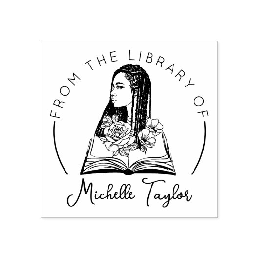 花を持つアフロの女性、図書館から本 ラバースタンプ (インプリント)