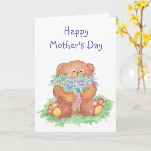 花を持つカスタムな母の日かわいいくま カード (黄色い花)